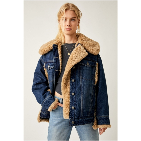 Free People Jackets & Blazers - FREE PEOPLE Holly Cozy Denim Jacket sz M Women's Faux Shearling Fur Jean